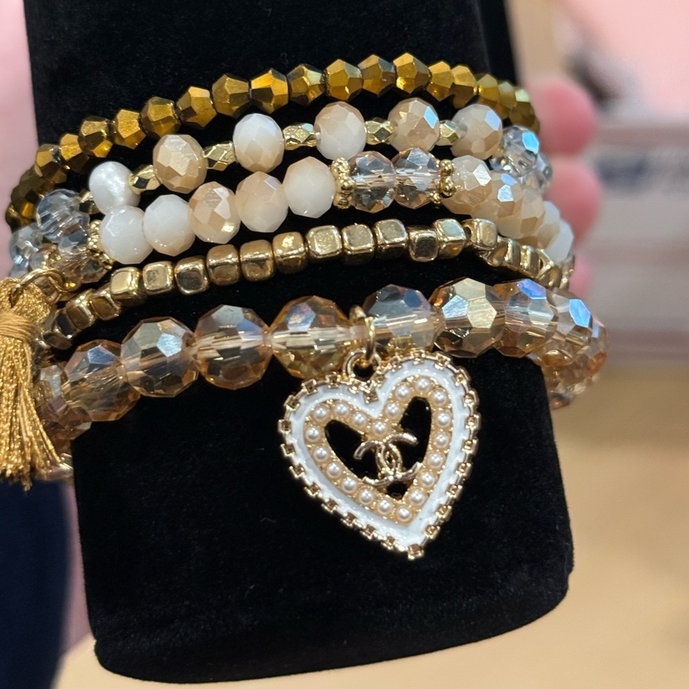 Gold and White Beaded Bracelet Set with Heart Charm